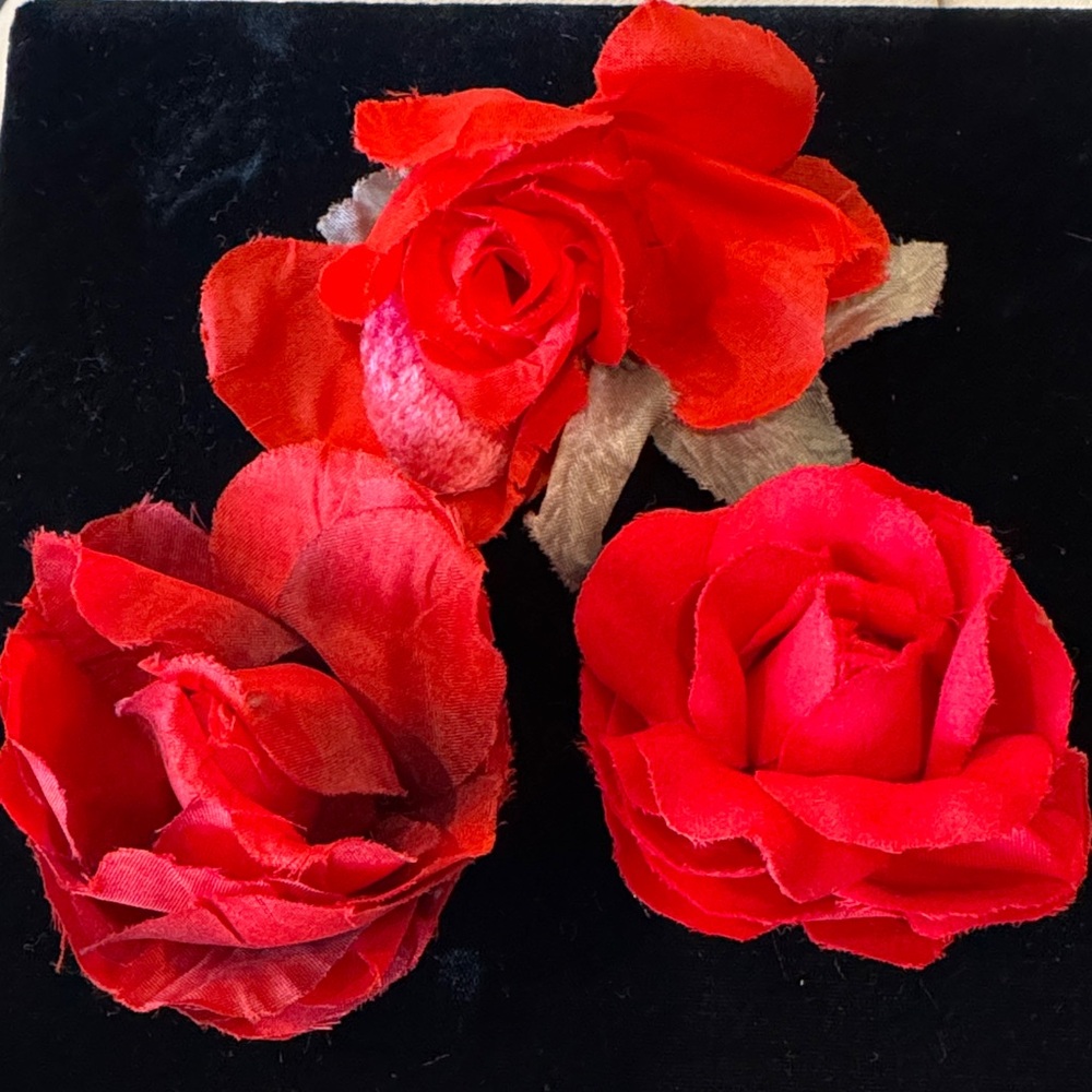 Set of 3 Vintage Red Millinery Roses: 2 Brooches & 1 Hair Ornament